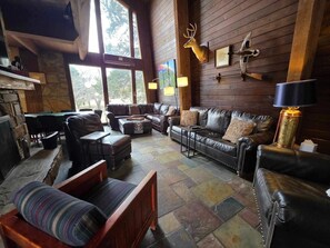 Téléviseur, foyer, livres, bureau
