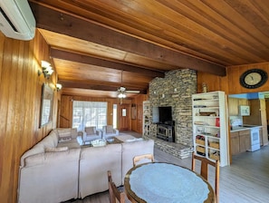 Smart TV, fireplace, table tennis, books