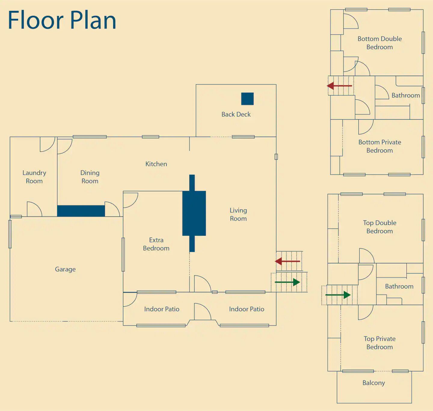 A floor plan with a laundry room, dining room, kitchen, living room, garage, extra bedroom, indoor patio, and two balconies.