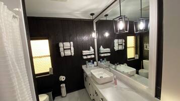 Hair dryer, towels, soap, toilet paper