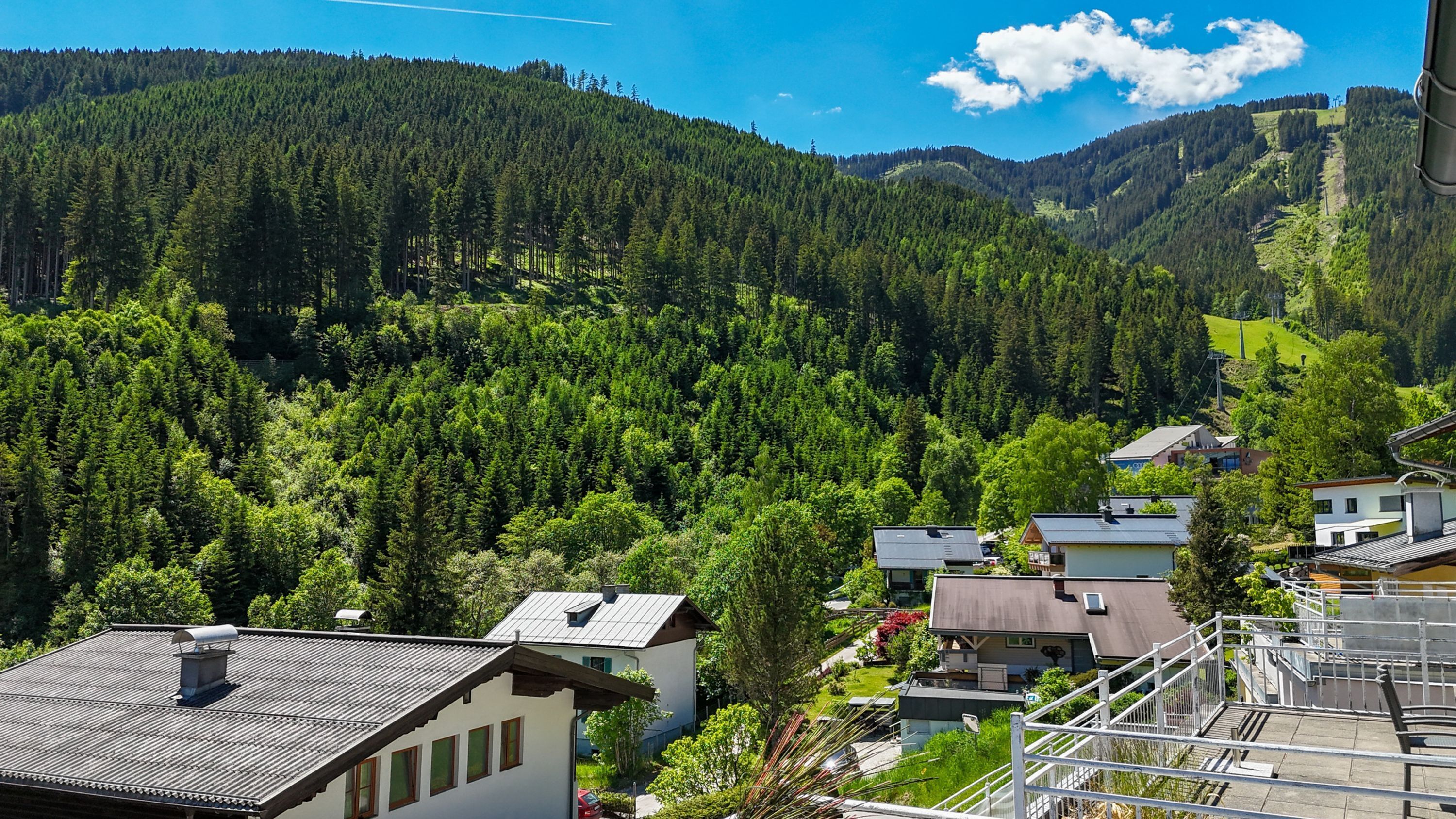 Un quartier résidentiel où les maisons sont entourées d’une forêt dense et de collines.