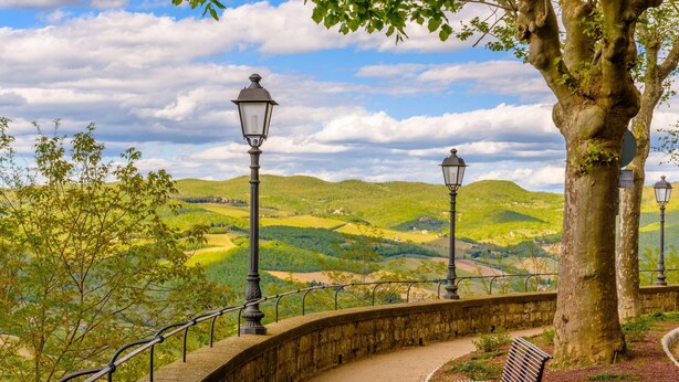 A curved stone pathway with metal railings, a bench, and street lamps overlooking a hilly landscape. - Casale Al Sole Tra Le Vecchie Vigne 6 (Radda in Chianti)