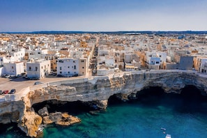 A coastal town with a prominent stone bridge over a clear blue sea, surrounded by densely packed buildings. - Marina Apartment 100m From Sea (Polignano a Mare)