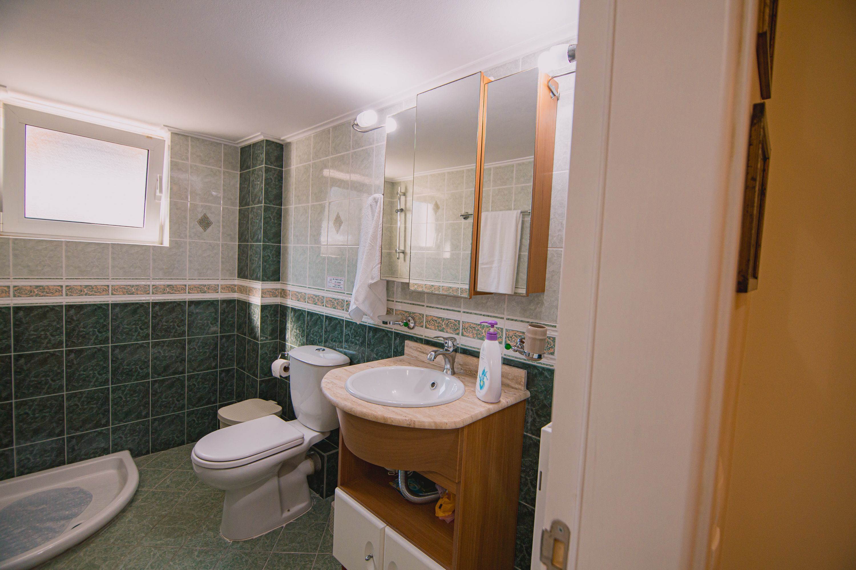 Ein Badezimmer mit Toilette, Waschbecken und Dusche.