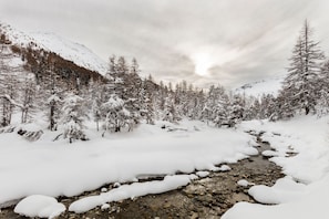 A snow-covered landscape with a stream and trees. - Chalet San Valentino (Livigno)