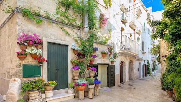 A narrow street with buildings on either side, some with balconies and flower boxes. - House of the Gozzo in Monopoli (Monopoli)