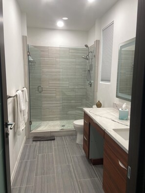 Shower, hair dryer, towels, soap