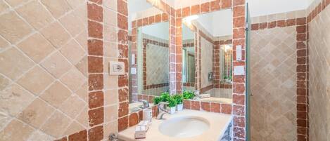 A bathroom with a sink, mirror, and shower.