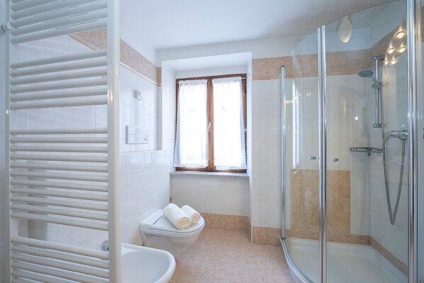 A bathroom with a glass-enclosed shower, a toilet, and a window with curtains.