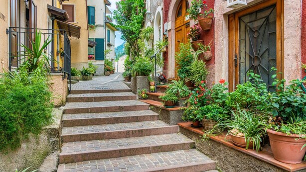Una stretta strada acciottolata fiancheggiata da edifici con balconi e piante in vaso.