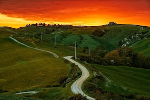 A winding road through rolling hills with a sunset in the background.