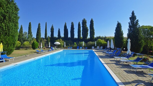 Une piscine rectangulaire à l’eau d’un bleu limpide, entourée de chaises longues et de parasols, avec de grands arbres en arrière-plan.