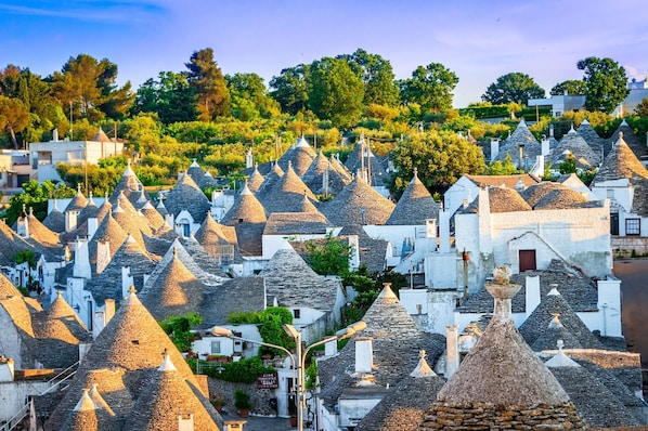 A village with numerous stone-roofed buildings and a hillside backdrop.