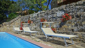 Un espace piscine avec des chaises longues et un mur en pierre agrémenté de plantes en pot.
