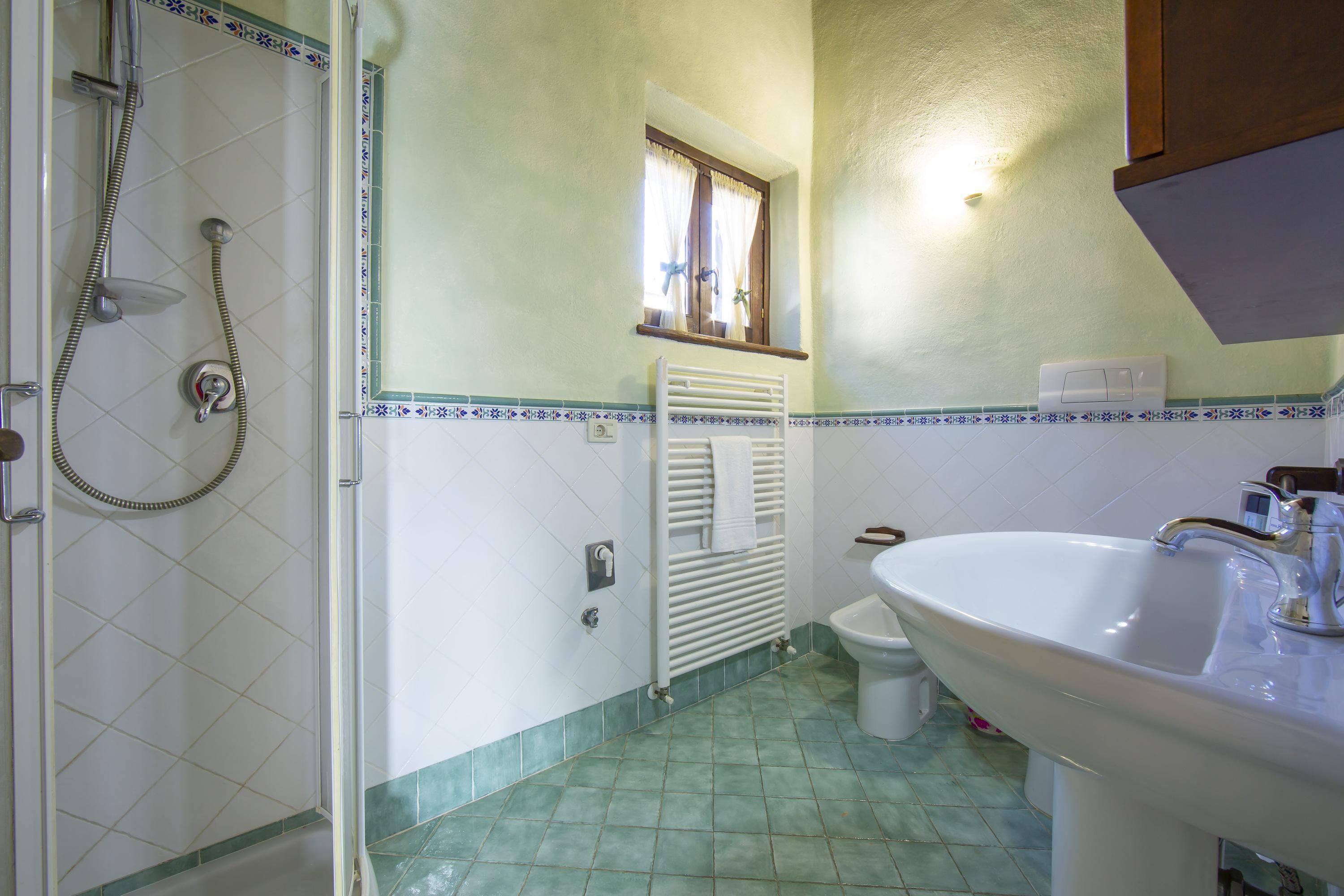 A bathroom with a shower, a sink, a toilet, and a window with curtains.