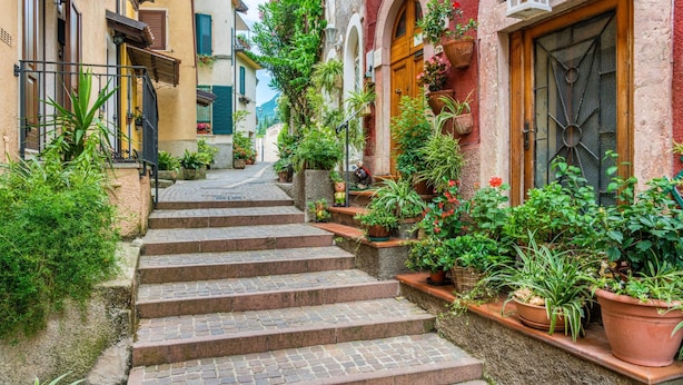 Une ruelle étroite pavée, bordée d’immeubles dotés de balcons et de plantes en pot.