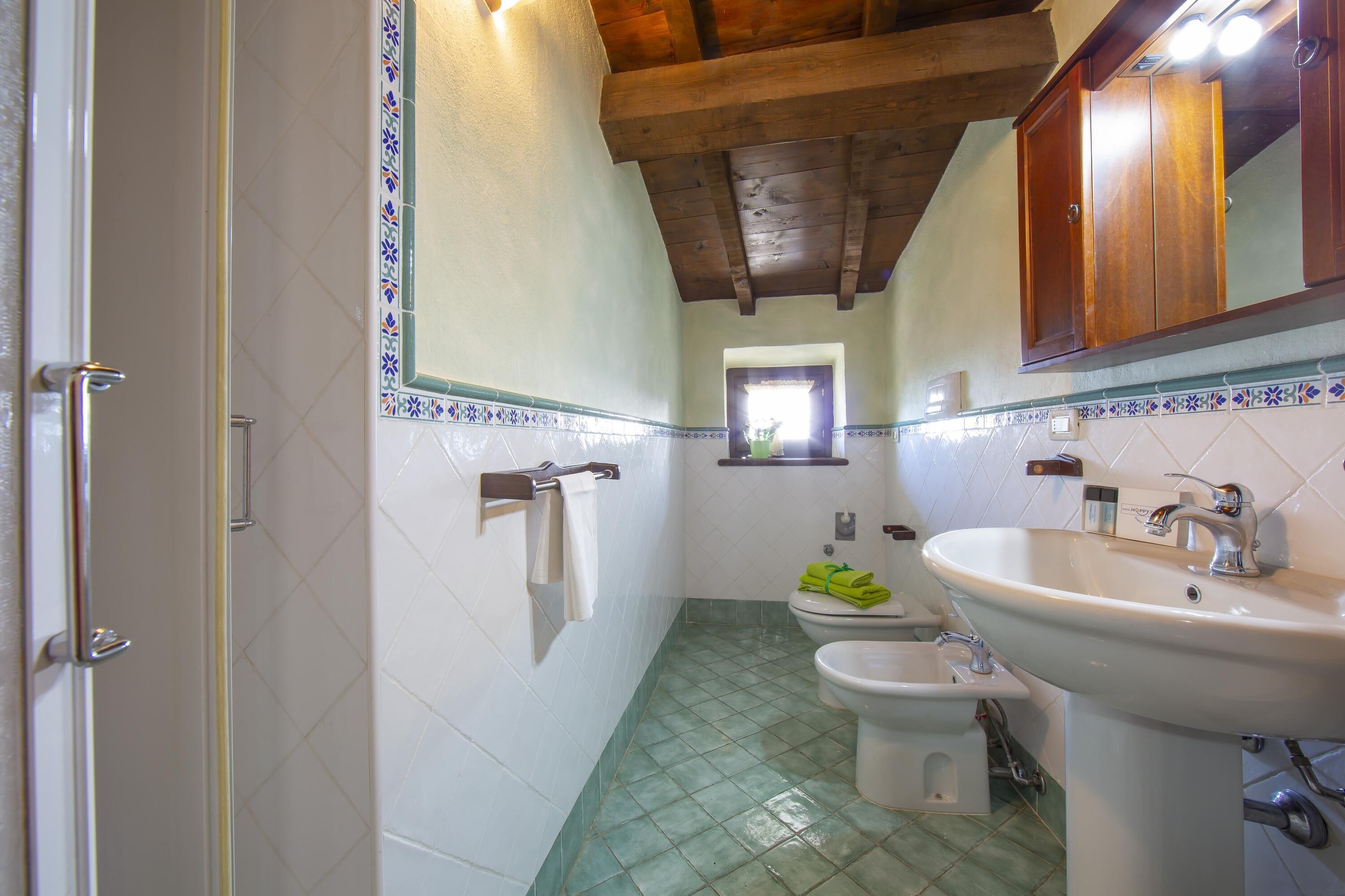 A bathroom with a shower, toilet, bidet, and sink.