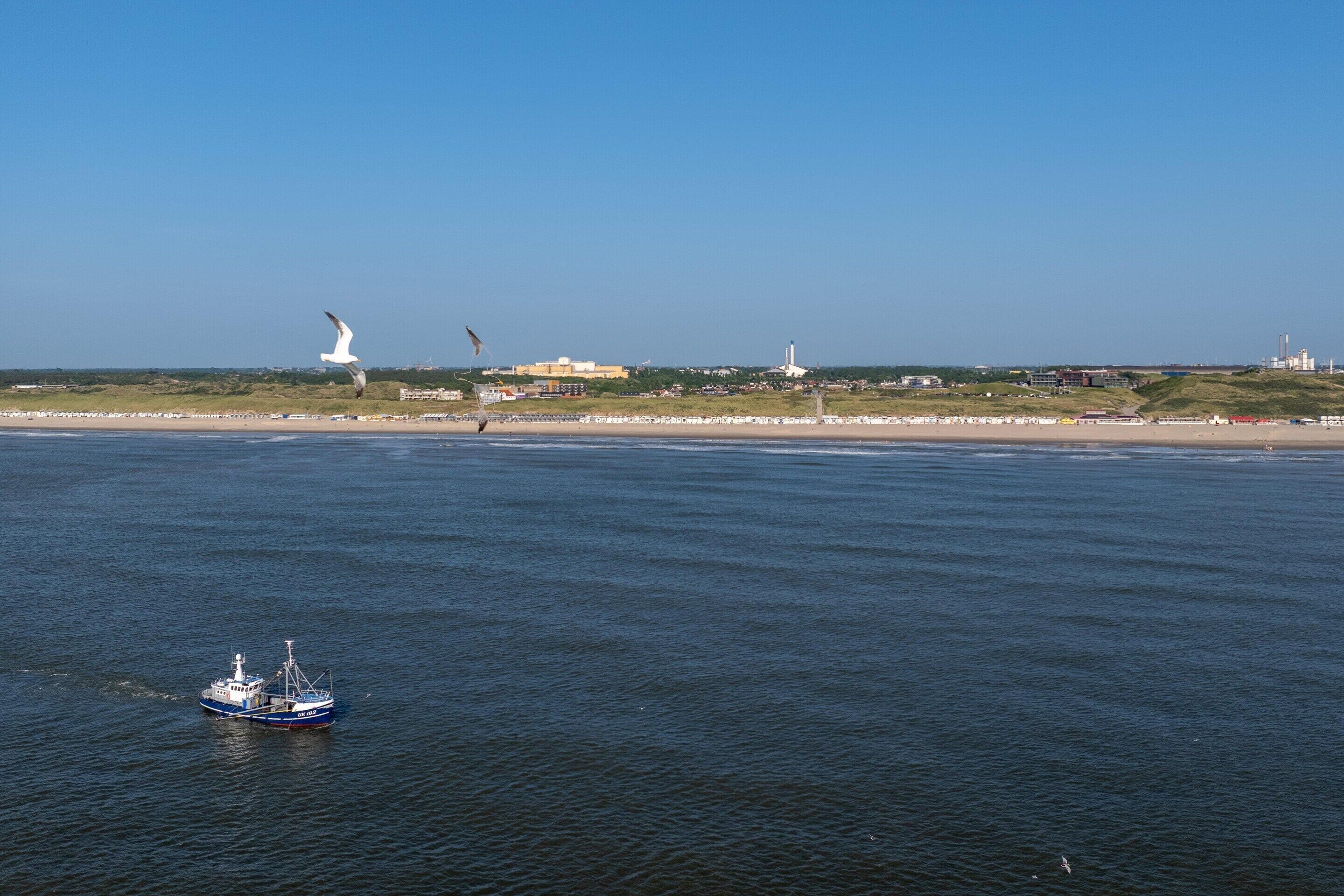 A coastal scene with a boat on the water, a lighthouse, and buildings in the background.