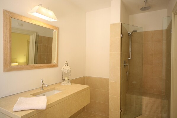 Une salle de bain avec un lavabo, un miroir et une douche.