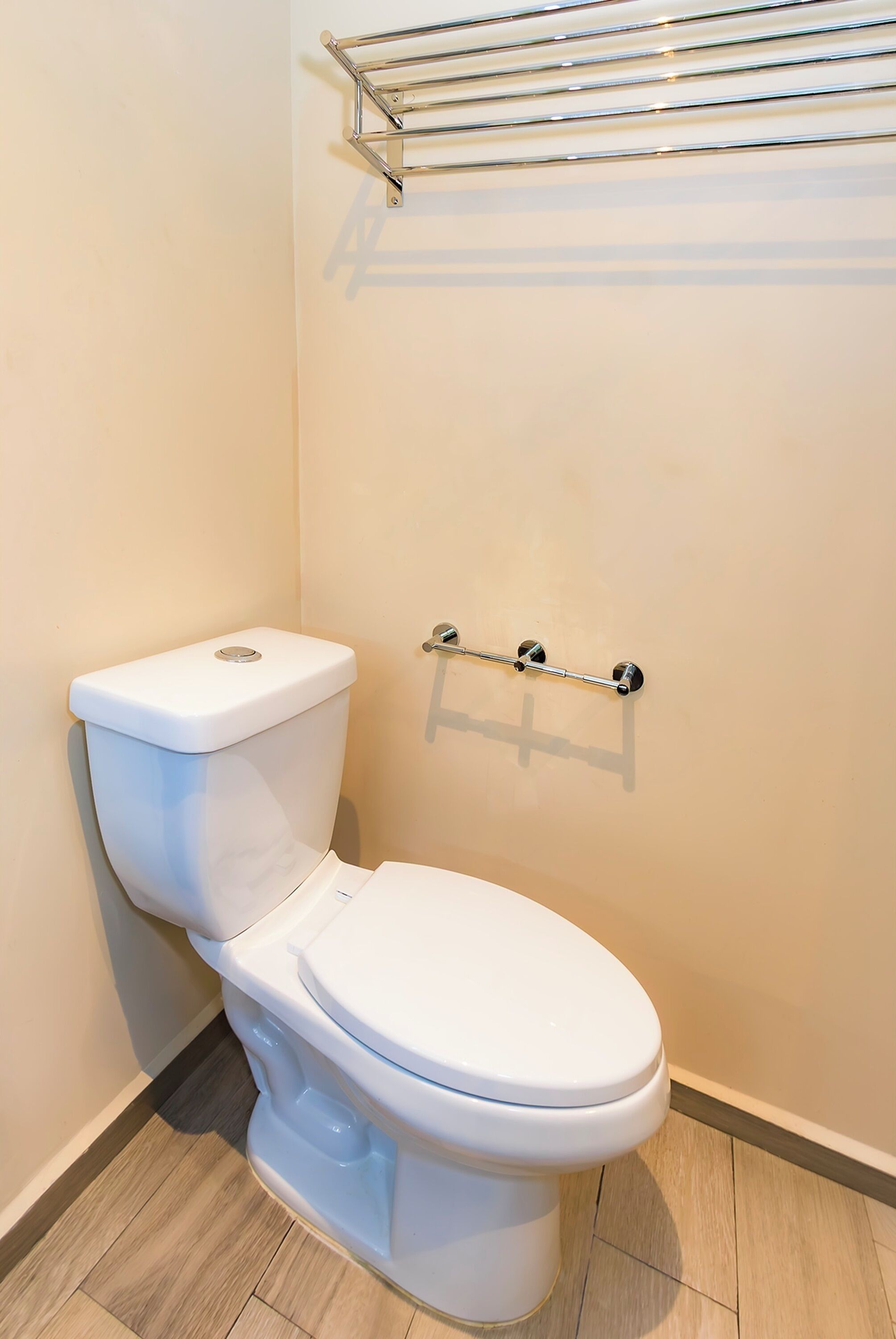 Eine weiße Toilette mit chromfarbener Spülung und einem Metallregal darüber.
