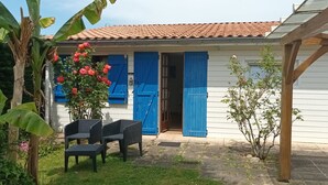 Un edificio blanco con contraventanas azules, un patio con sillas y un pequeño jardín con un bananero y flores rosadas.