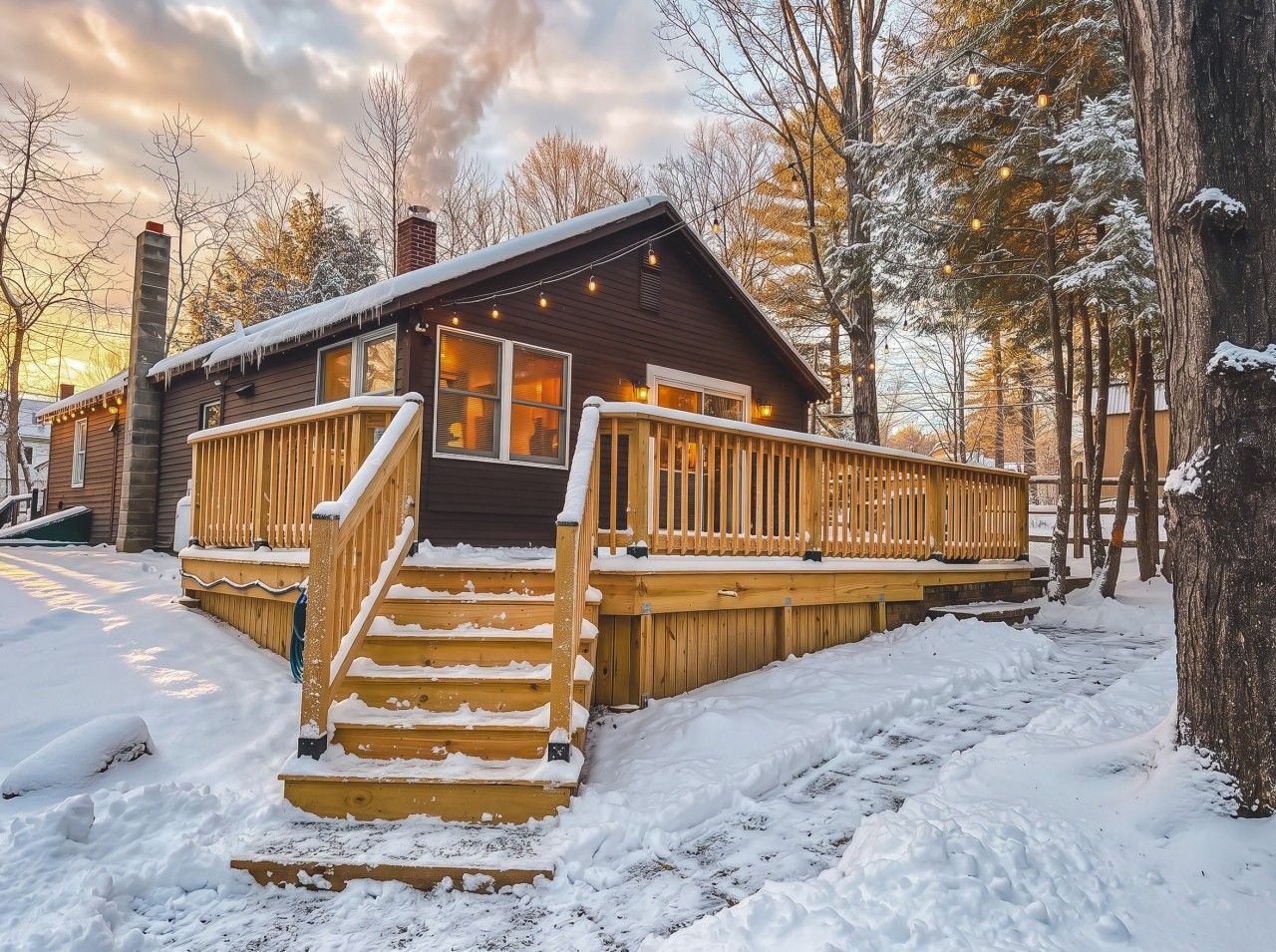 Eine Holzhütte mit einer Holterrasse und Treppen zum Eingang.