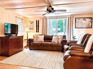 Smart TV, fireplace, books