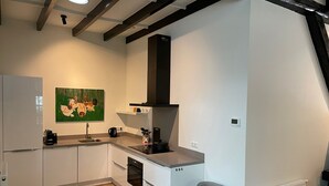 A modern kitchen with white cabinetry, a stainless steel trash bin, and a painting of chickens on the wall. - Apartment in Wageningen Near Rhine River (Elst)