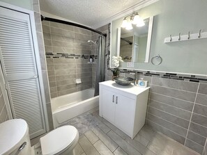 Hair dryer, towels, soap, shampoo