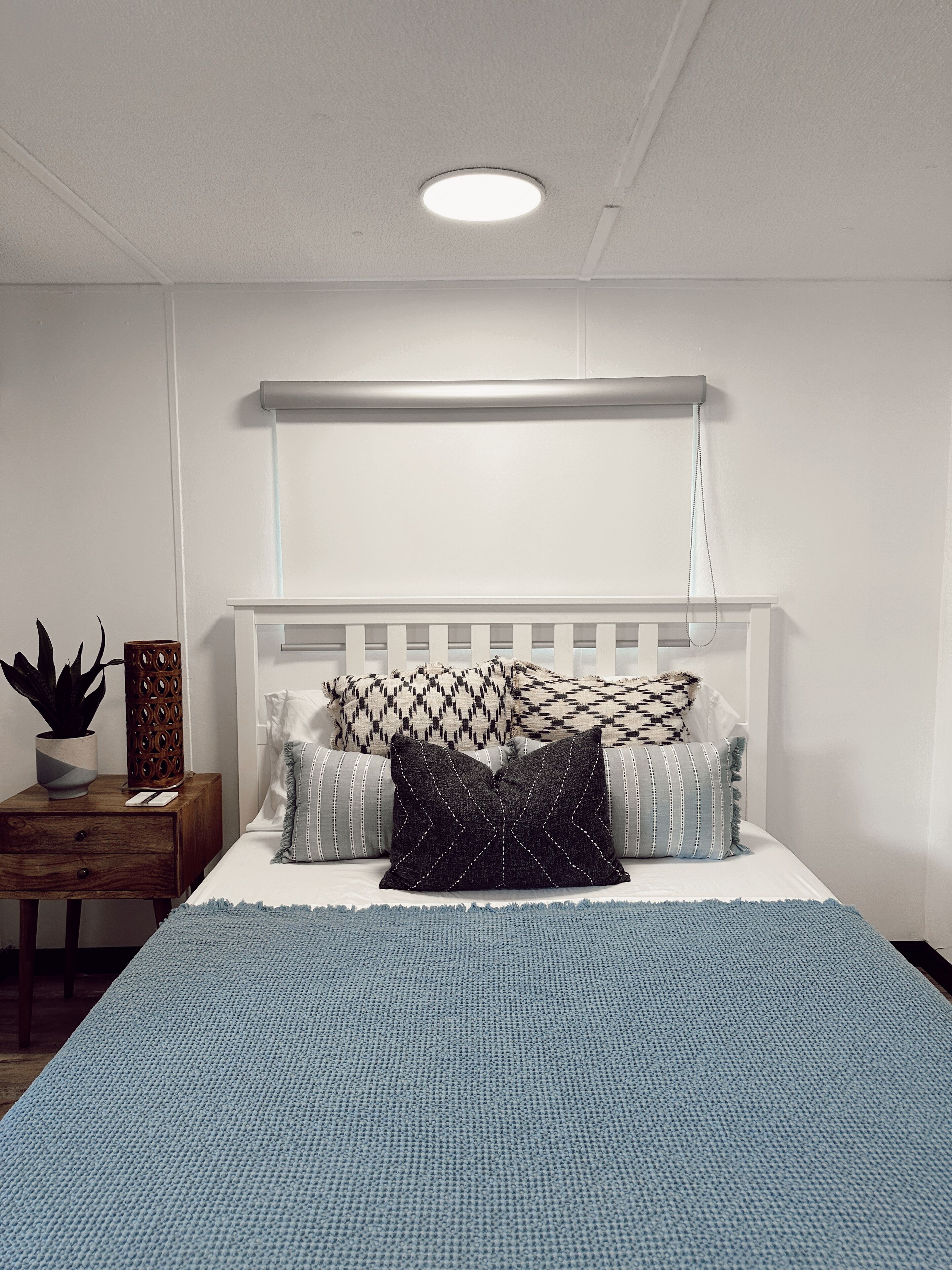 A bedroom with a white headboard, a bedside table with a plant, and a blue textured bedspread.
