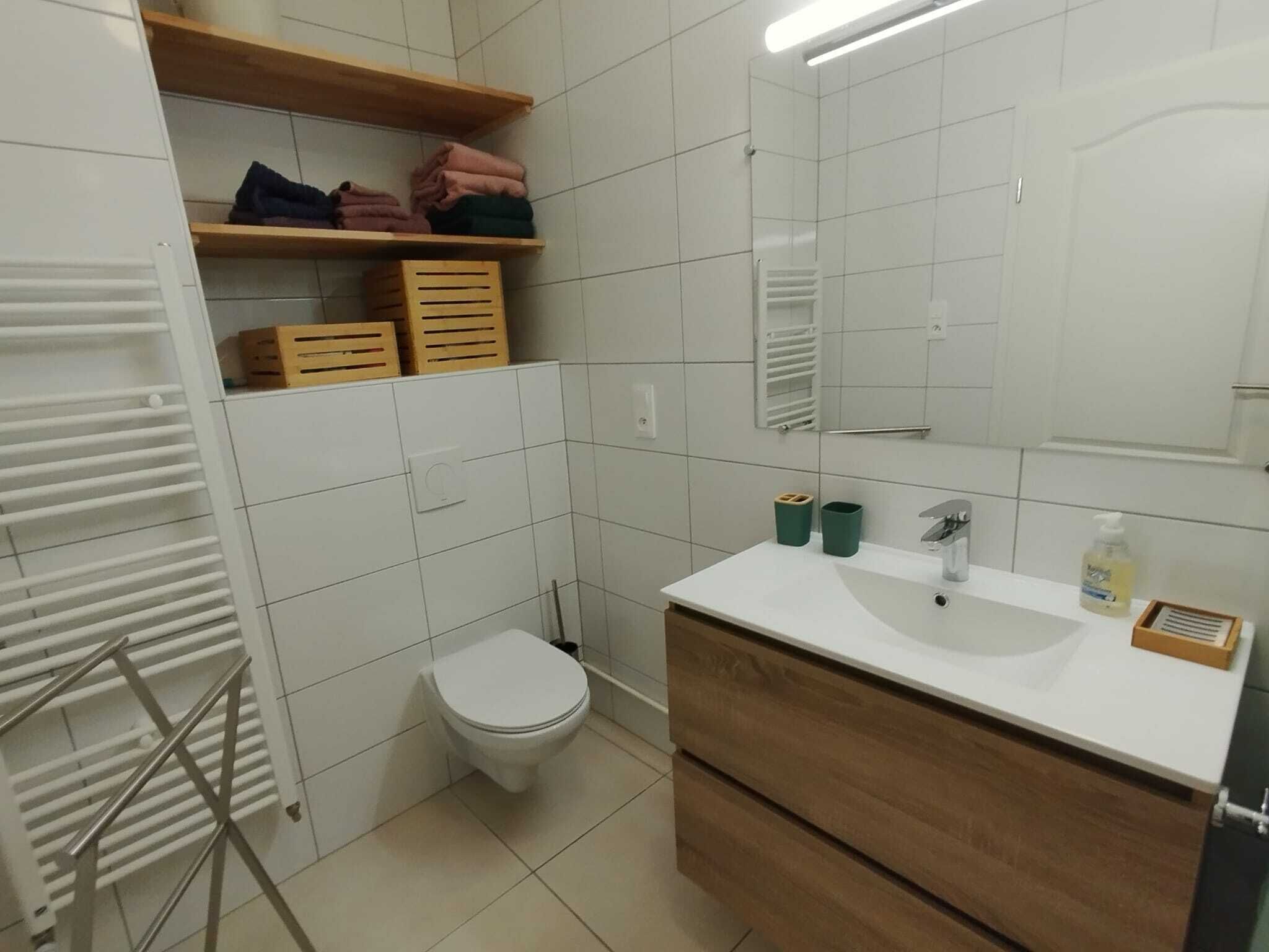 Hair dryer, towels, soap, toilet paper