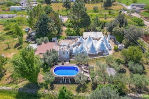 An aerial view of a residential property with a swimming pool, multiple houses, and surrounding greenery.