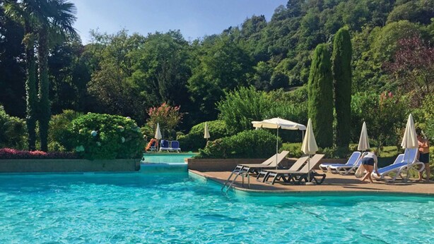 A swimming pool with lounge chairs and umbrellas, surrounded by lush greenery and trees. - Panorama Fantastico Apt Pool Beach (Ghiffa)