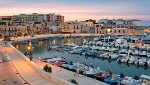 A marina with boats docked, a waterfront promenade, and buildings in the background. - Palazzo Biscilia in Bisceglie (Bisceglie)