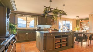 A spacious kitchen with a large island, wooden cabinets, and a hanging plant. - Villa Carlos Mijas Golf (Mijas)
