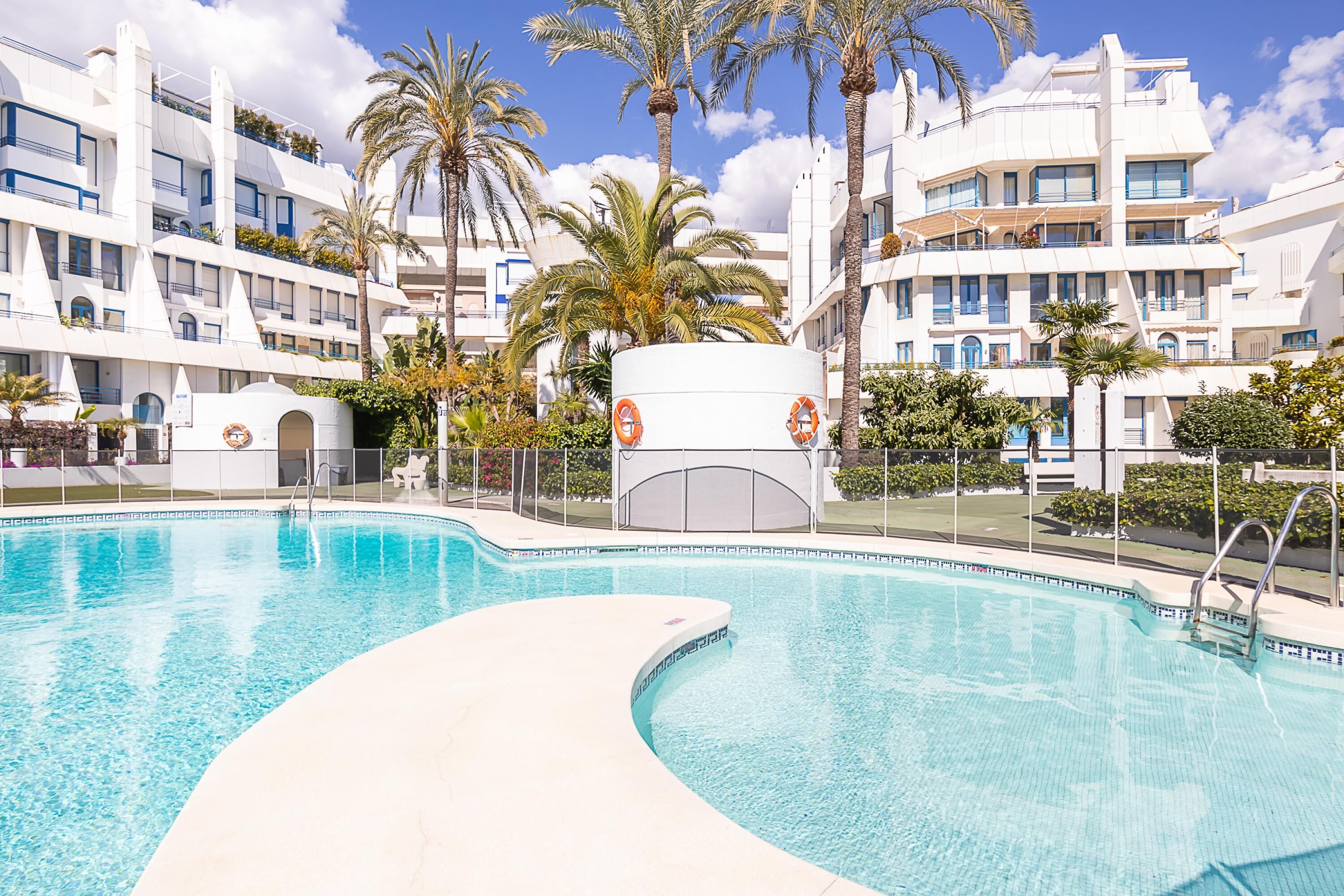A swimming pool with a curved edge, surrounded by palm trees and modern buildings with balconies.
