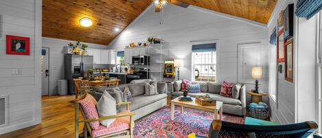 Smart TV, fireplace, books