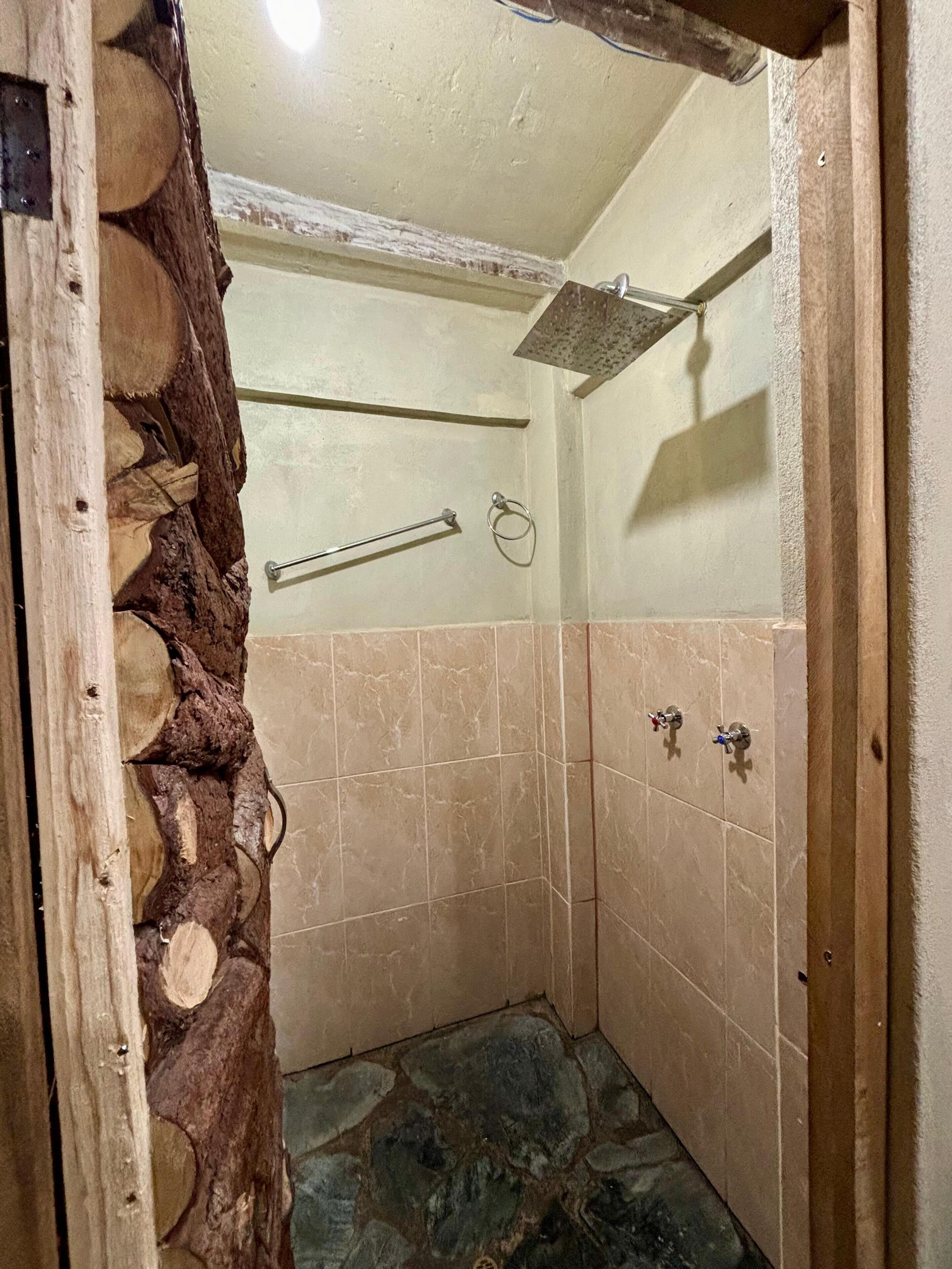 Een kleine, betegelde douche met een houten accentmuur, een handdoekhouder en een douchekop.