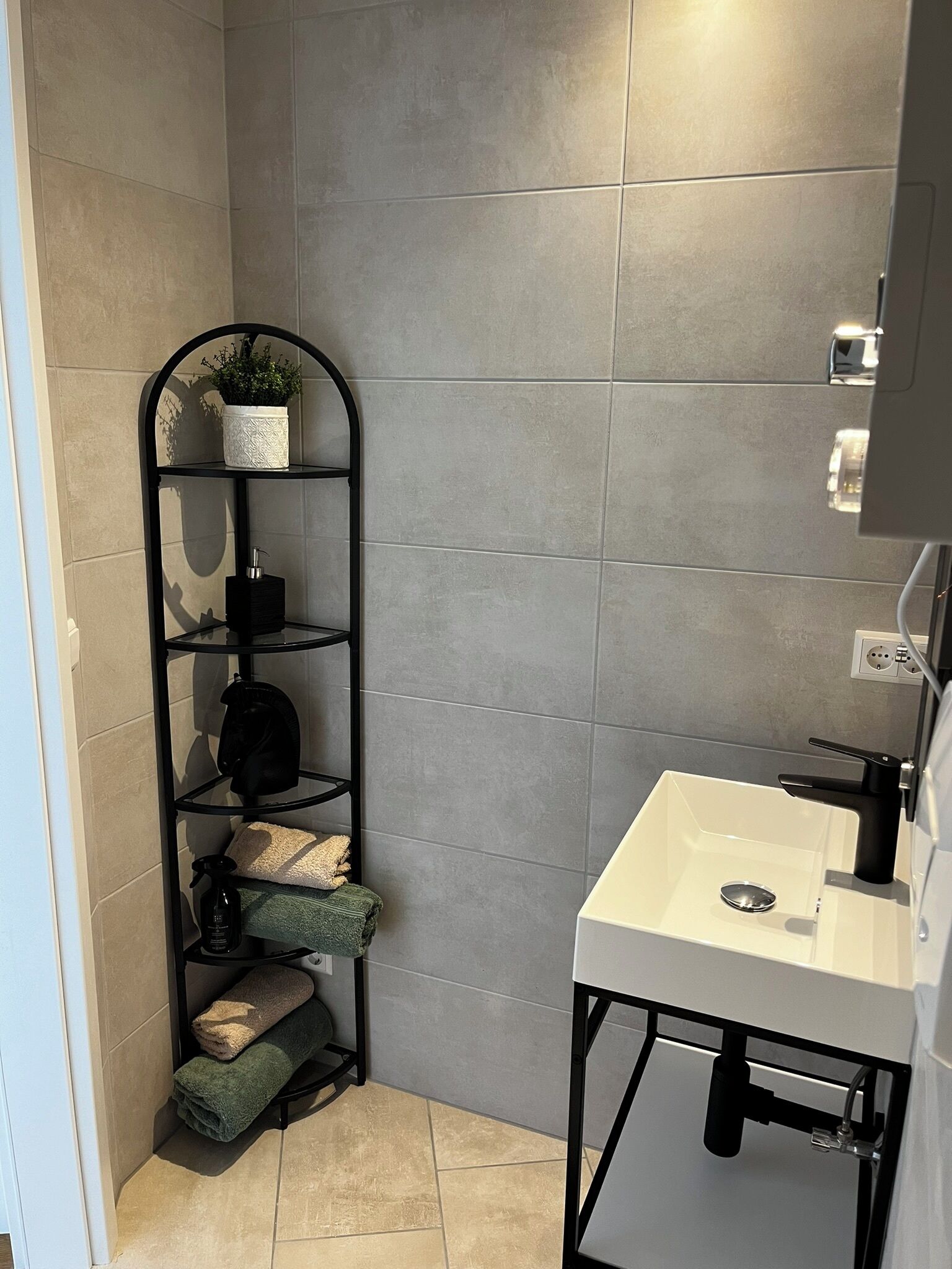 A bathroom with a white sink, a black metal shelf with toiletries, and a potted plant.
