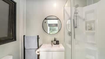 Shower, towels, soap, toilet paper