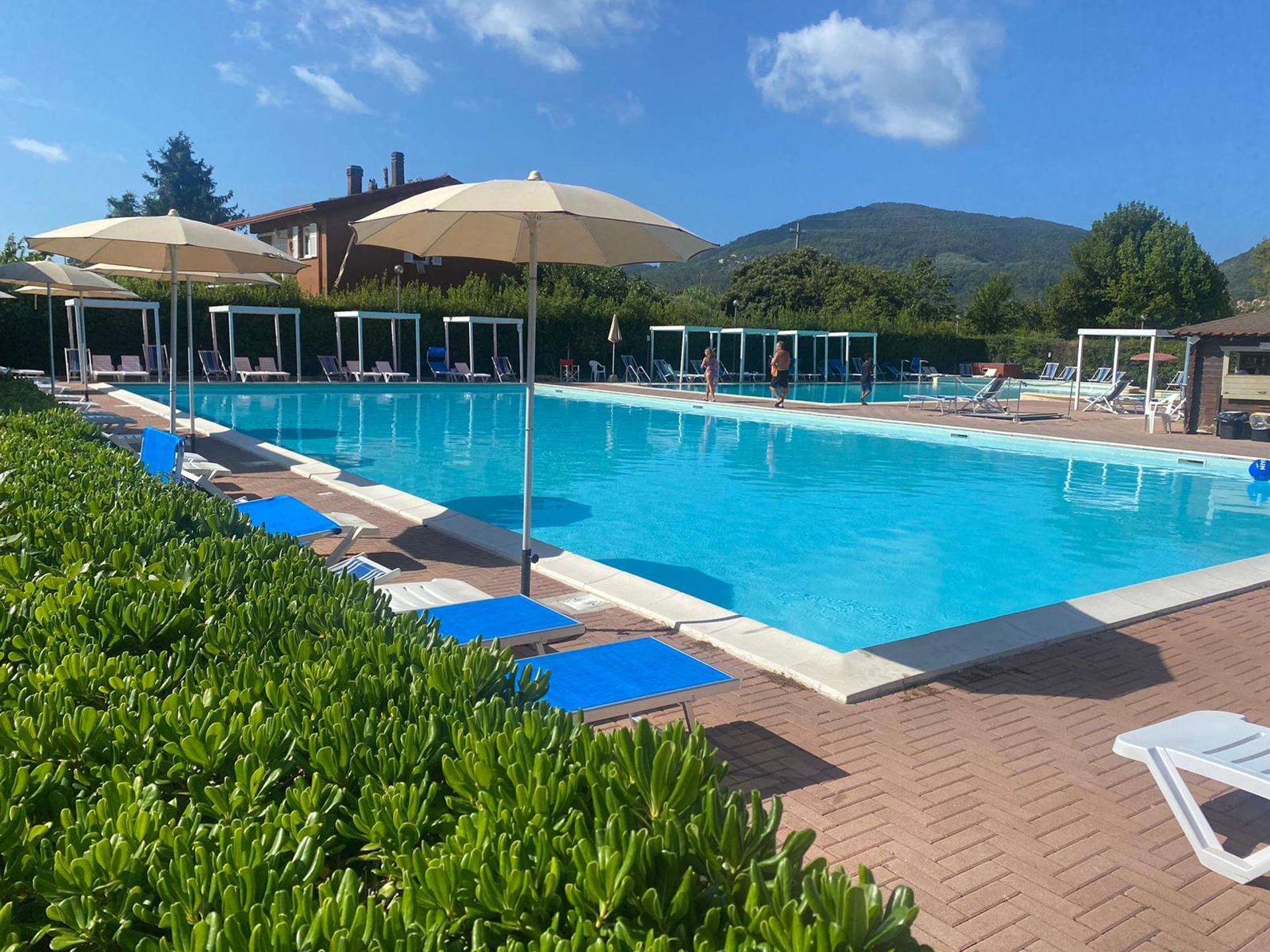 A swimming pool with lounge chairs and umbrellas, surrounded by greenery and hills.