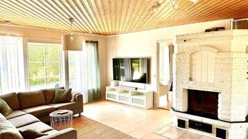 Smart TV, fireplace, books, stereo