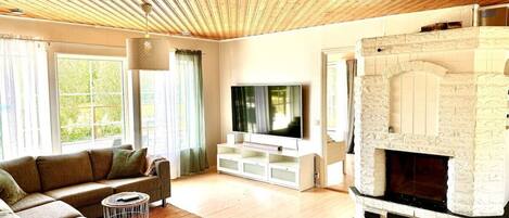 Smart TV, fireplace, books, stereo