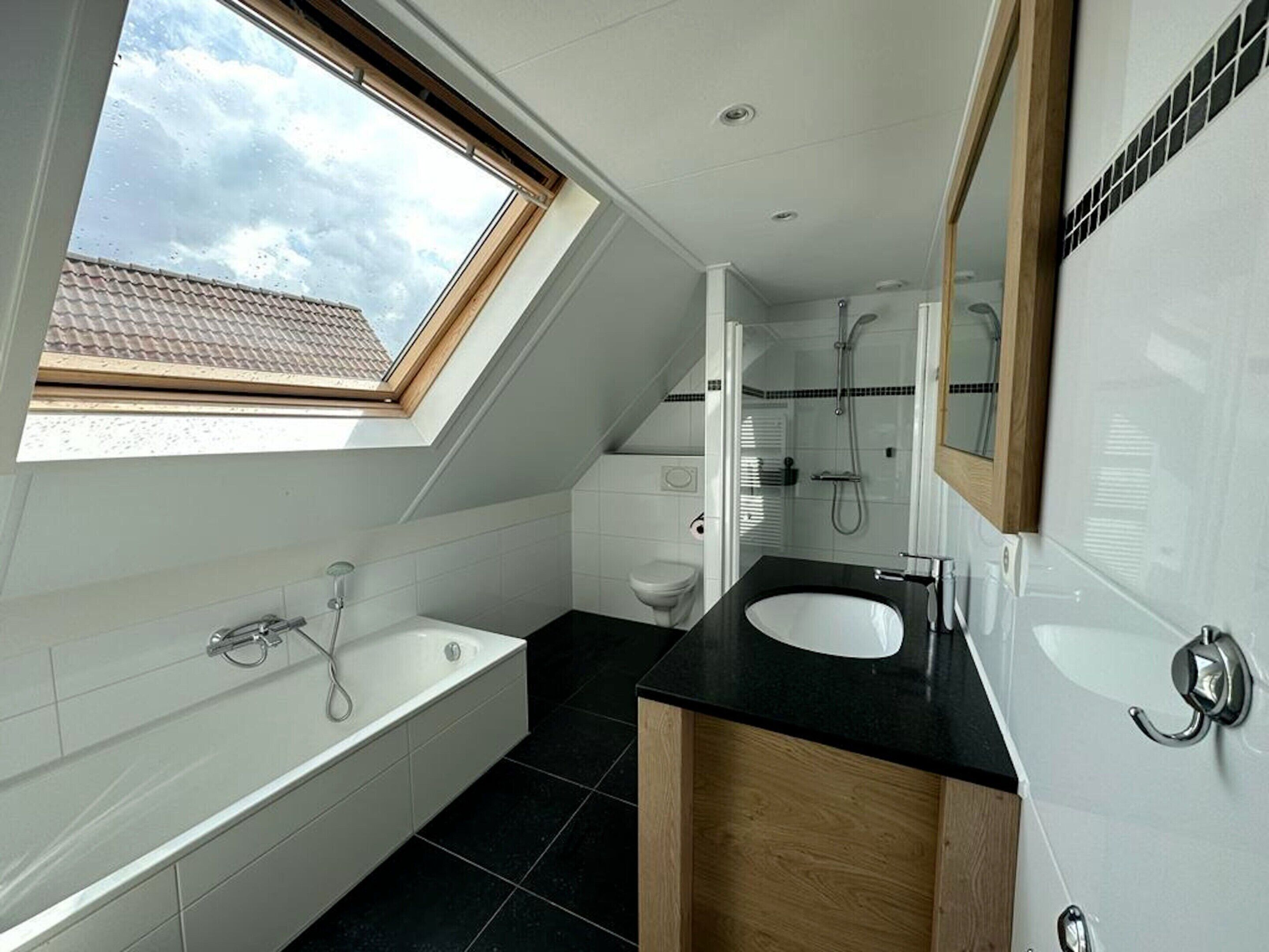 A modern bathroom with a skylight, a bathtub, a shower, and a vanity with a sink.