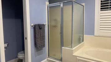 Shower, jetted bath, hair dryer, towels