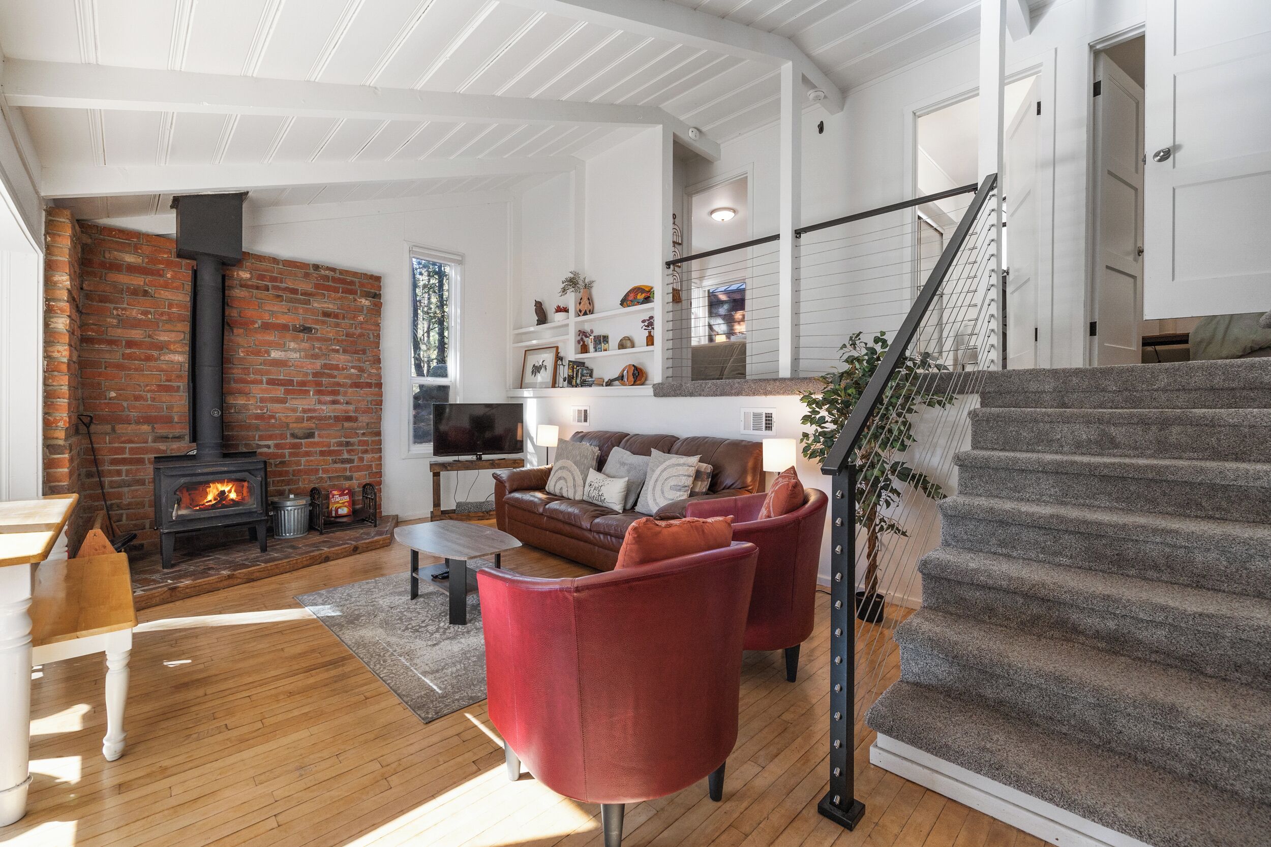 TV connectée, cheminée, livres