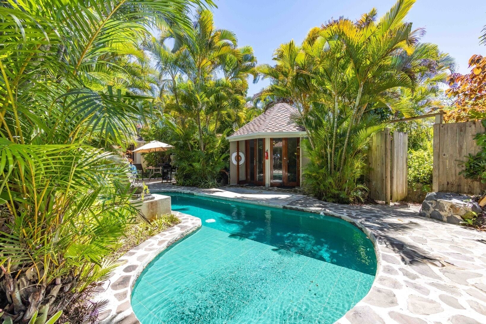 A swimming pool with a curved edge, surrounded by tropical plants and a wooden fence.