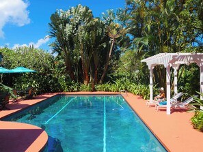 Outdoor pool, pool umbrellas, pool loungers