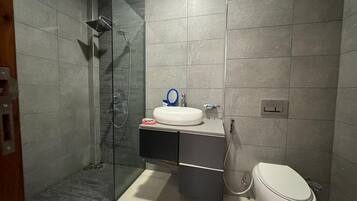 Shower, towels, soap, toilet paper