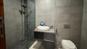 Regadera, toallas, jabón, papel de baño 